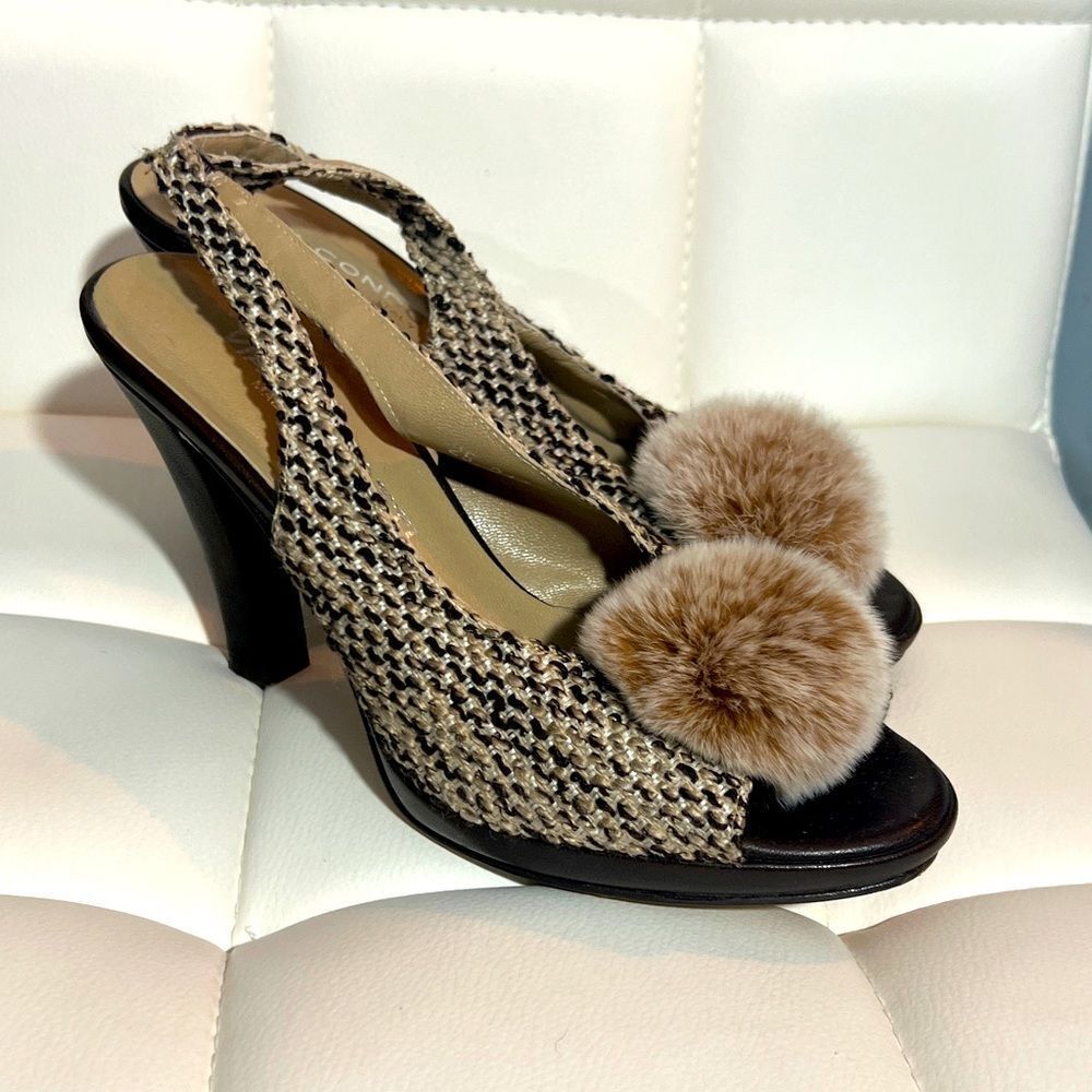 Via Condotti | Tweed Sling Back Heels with Pom Pom